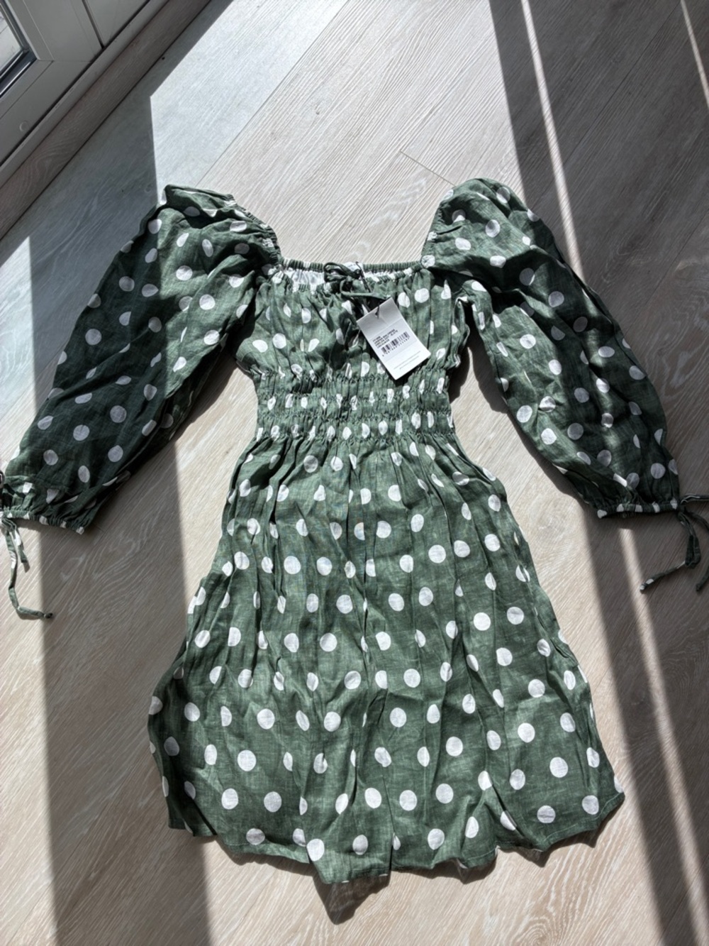 Faithfull the Brand Olive Green Polka Dot Shirred Midi Dress